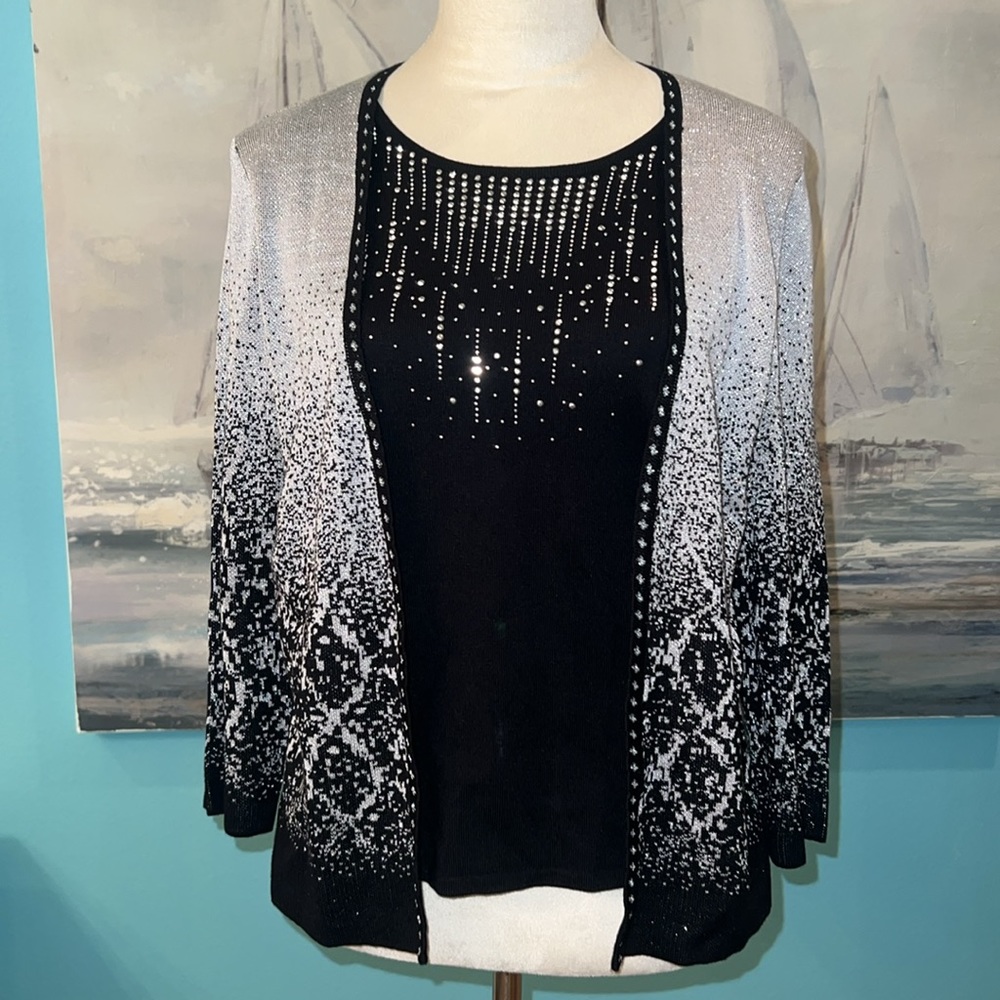 Alfred Dunner Black & Silver Crew Neck 3/4 Sleeve Layered Sweater, SP